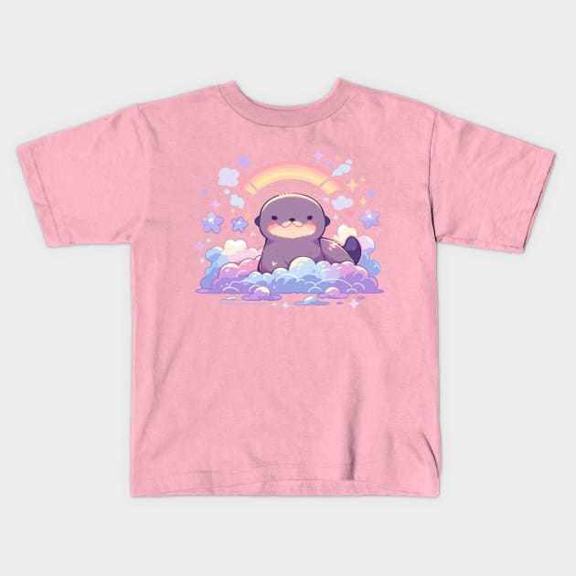 Cute Kawaii Rainbow Baby Sea Otter Pup Kids T-Shirt by Kawaii Kingdom